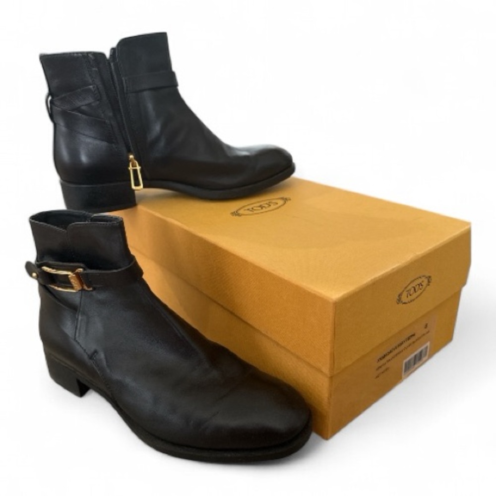 Tod's Black Ankle Boots with Gold Buckle